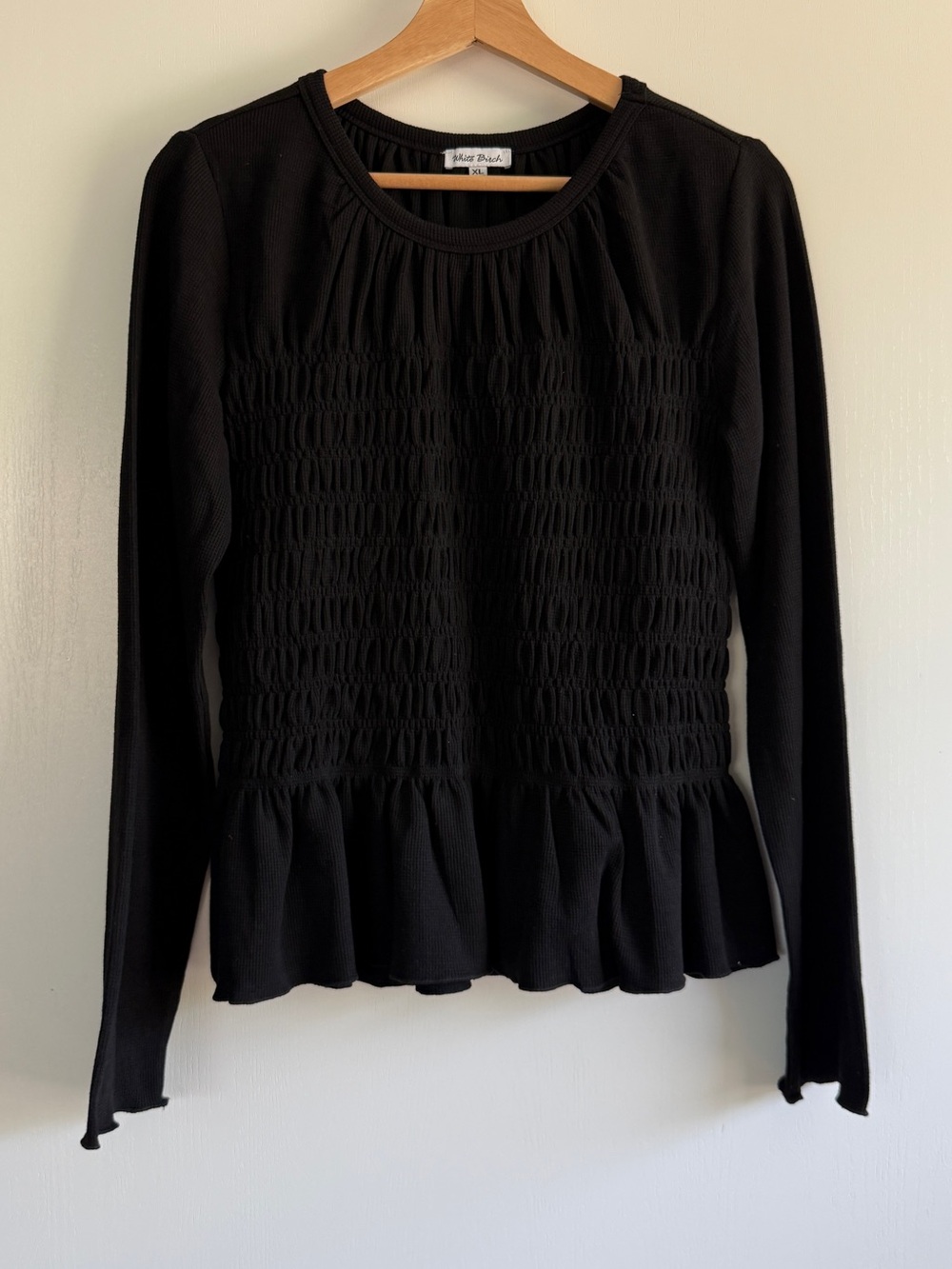 white birch Black Smocked Waffle Peplum Long-Sleeve Top XL NWOT